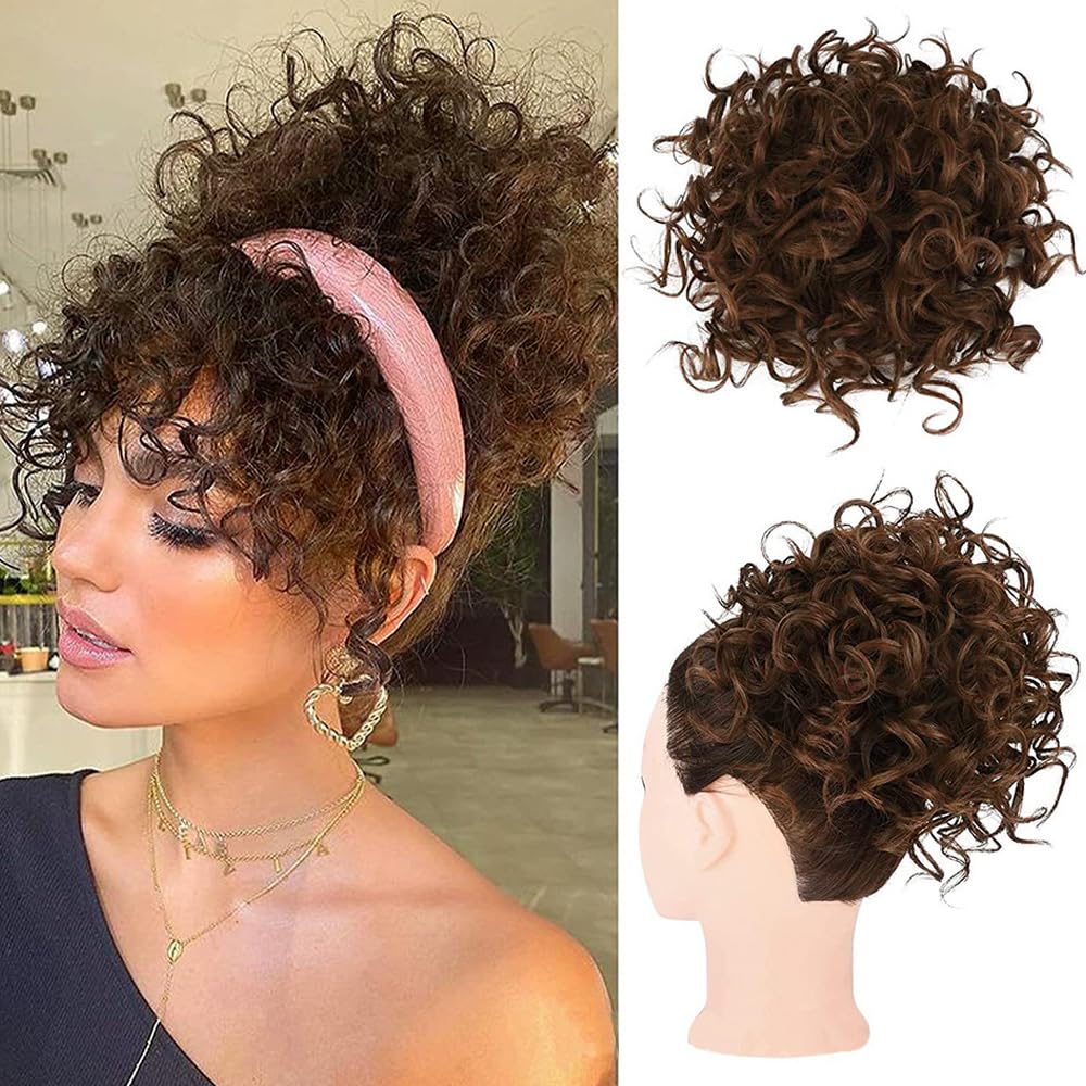 FDEETY Messy Bun Short Ponytail Hair Piece Drawstring Hair Extensions Curly Wavy Hair Puff Synthetic for Women Scrunchy Fake Hairpieces Accessories Scrunchies(Light Brown）