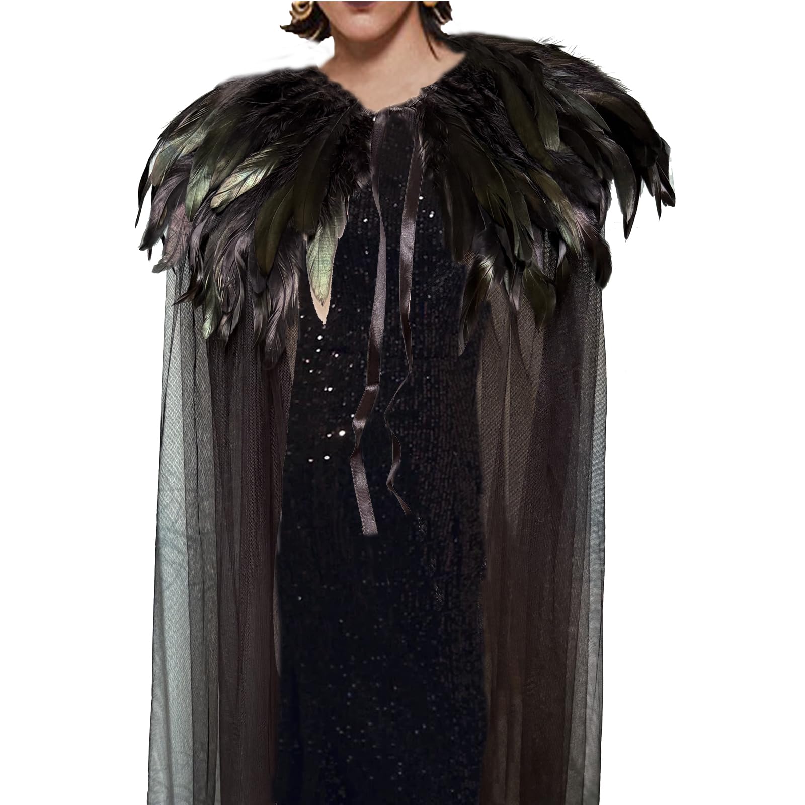 Yoodeet Gothic Feathered Cape, Black Sheer Mesh with Feather Collar, Full Length Costume Cloak (Black)
