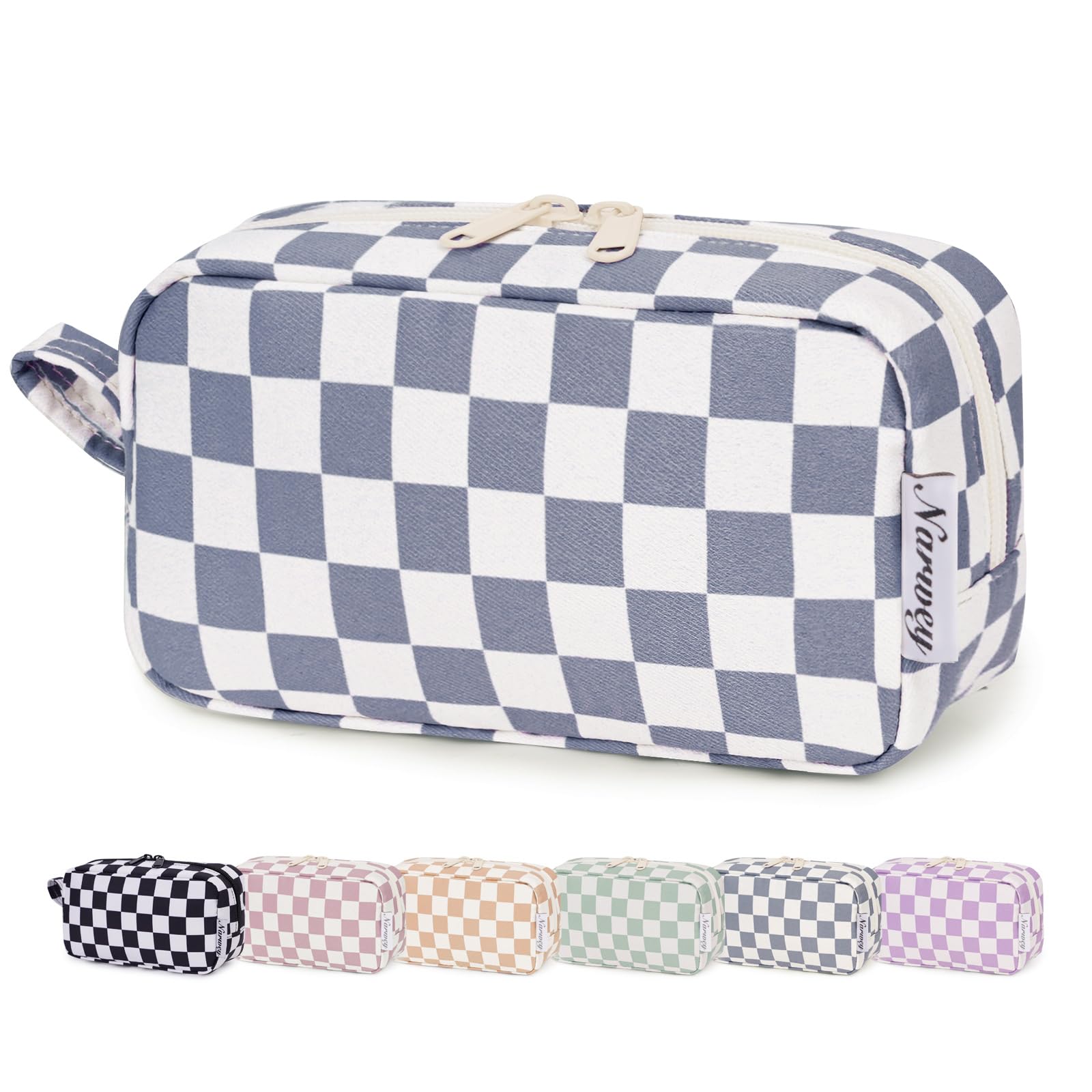 Small Makeup Bag for Purse Travel Makeup Pouch Mini Cosmetic Bag Zipper Pouch for Women(Grayish Blue Checkerboard, Small) — image 1
