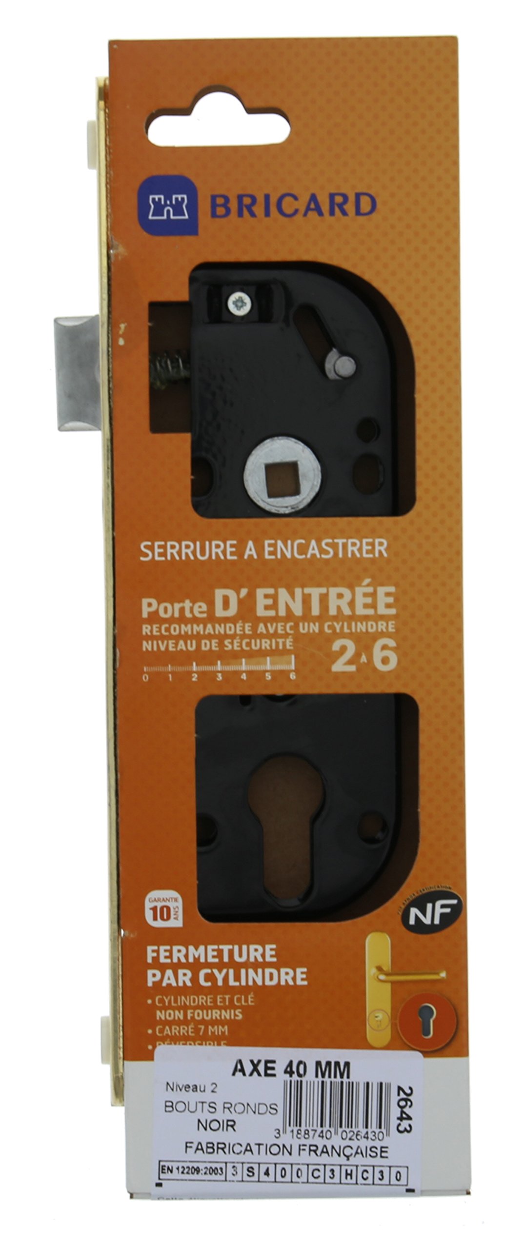 BRICARD 2643 64 mm NF 1/2 Reversible Dead Bolt Lock 40 Round Head Painted Steel Tip Without Cylinder Spindle, Black