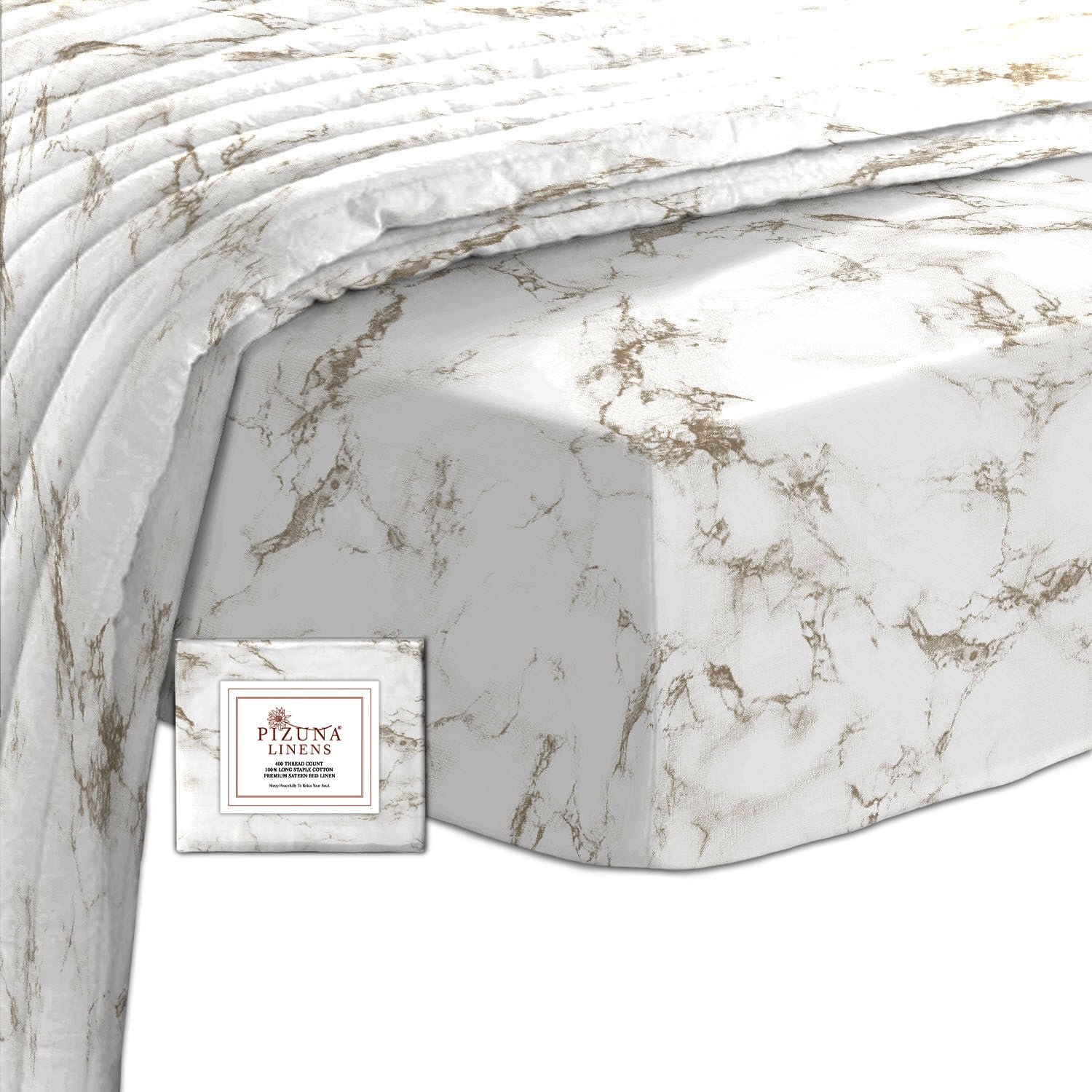 Pizuna Carrara Marble Taupe Print Small Double Fitted Sheet Cotton 1 Pc, 400 thread Count 100% Long Staple Cotton Bedding, Sateen 40 cm Deep Pocket 3 Quarter Bed Sheets 120x200 (Printed Fitted Sheet) — image 1