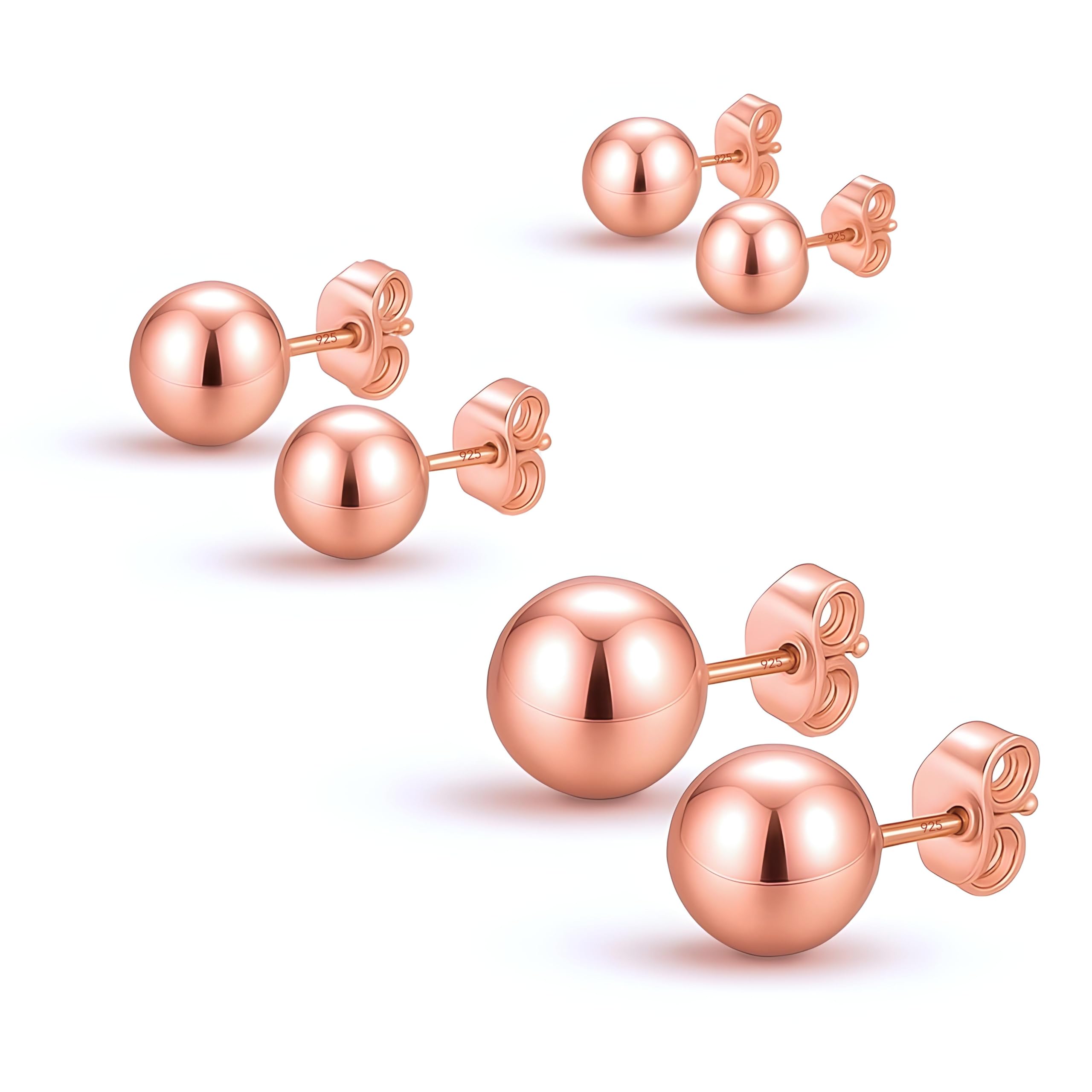 Charmsy 925 Sterling Silver Elegant Set of 3 Pairs 925 Sterling Silver Classic Rose-Gold Plated Ball-Post Stud Earrings for Teen Women 3mm 6mm 8mm