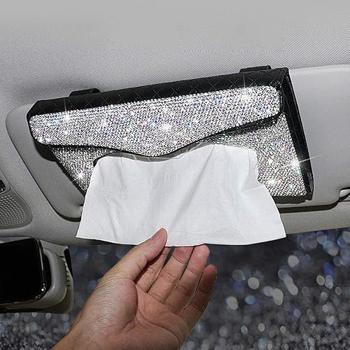 QINU Bling Bling Car Sun Visor Tissue Box Holder, Leather Crystals Auto Interior Accessories Paper Towel Cover Case for Ladies Girls (White Crystal)
