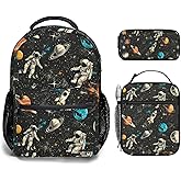 Jollitot Space Backpack for Boys with Insulated Lunch Box Pencil Case (3 Set), 17 Inch Large Lightweight School Bookbag for Elementary Middle School Kids, Waterproof Astronaut Travel Daypack (Black)
