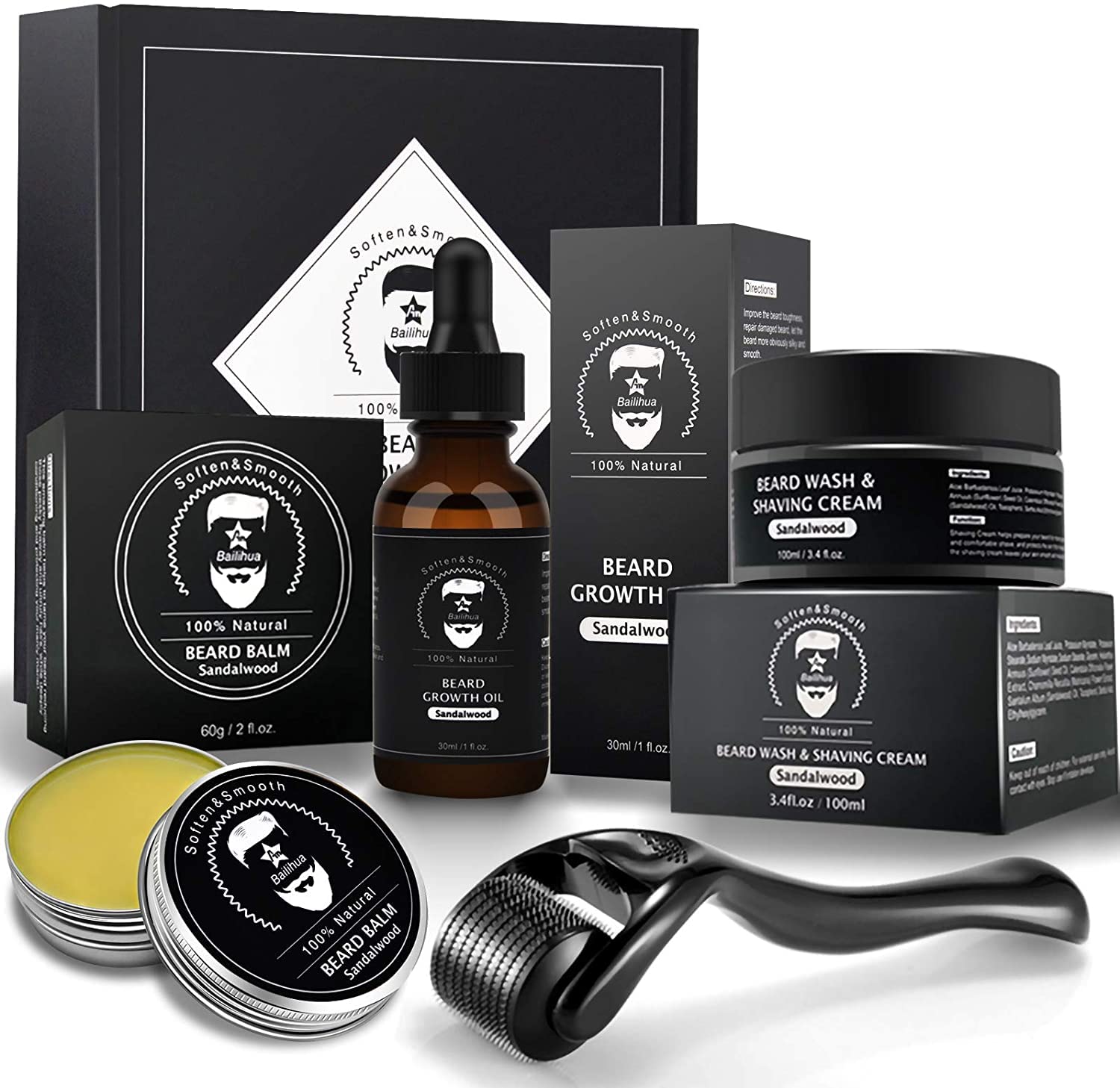 Beard Growth Kit,Beard Grooming Tools for Beard Rapid Growth and Density, Beard Derma Roller&Beard Growth Activator Serum &Beard Balm &Beard Cleanse, Beard Care Gift for Men Sandalwood Scent