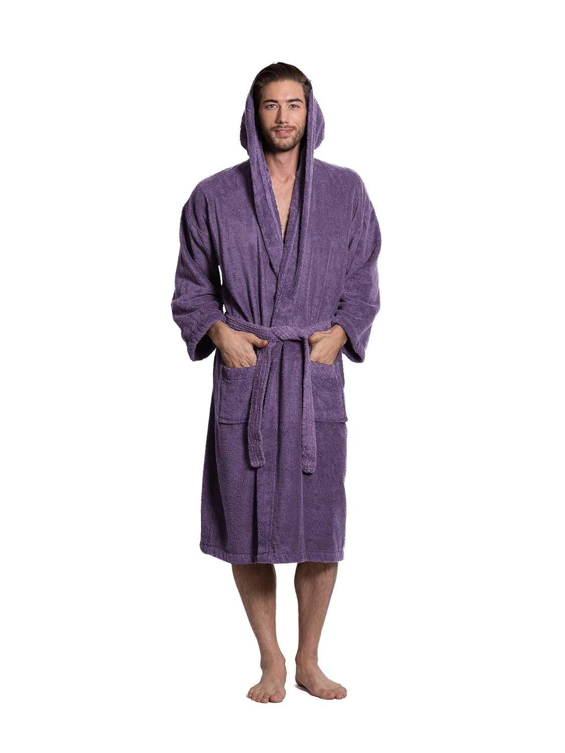 Turkuoise Men's Turkish Terry Cloth Robe, Thick Hooded Bathrobe (Plum