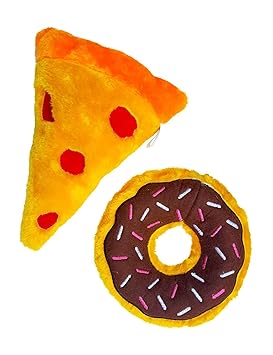 ZippyPaws Bundle of 2 Plush Dog Toys, with Squeakers, Slice of Pizza and Chocolate Donut Set