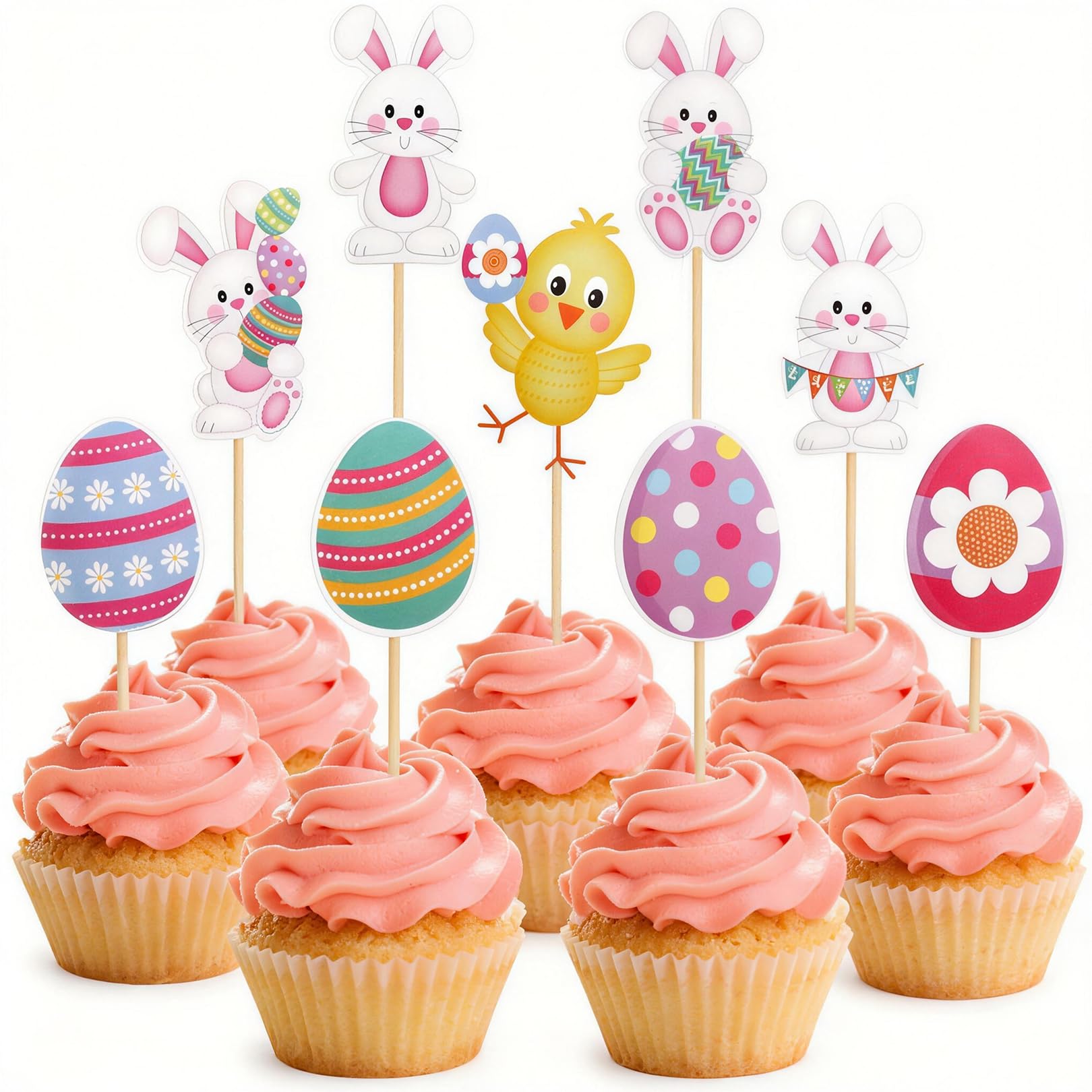 Flankor 36Pcs Happy Easter Cupcakes Toppers Glitter Easter Bunny Egg Cupcake Picks Chick Cake Toppers for Easter Party Cake Decorations Party Supplies, Multicolour