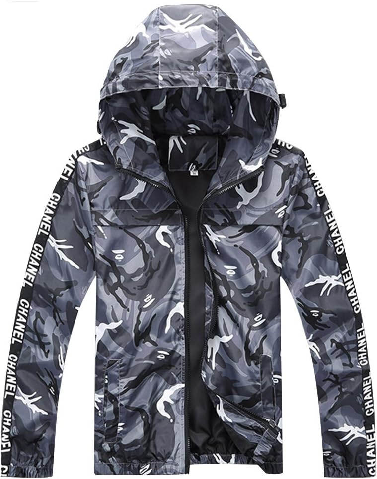 Men's Camo Print Water Resistant Jacket Casual Lightweight Windproof Hooded Coat