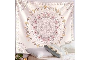 LANG XUAN Orange Bohemian Tapestry Wall Hanging, Mandala Floral Medallion Hippie Tapestry with Light Brown Aesthetic Wreath Design, Cream Wall Decor Blanket for Bedroom Home Dorm