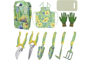 Patioland 10-Piece Garden Tool Set – Green Floral Gardening Hand Tools with Non-Slip Handles, Heavy Duty Rust-Proof Aluminum 