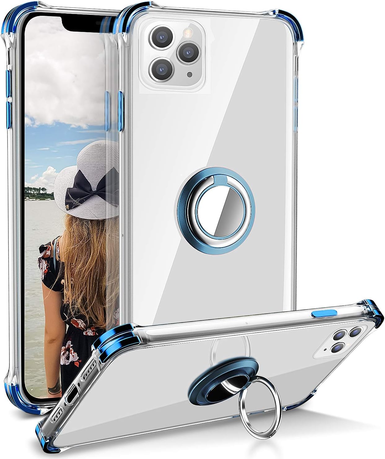 iPhone 11 Pro Max Case, Daupin Clear iPhone 11 Pro Max Case with 360 Rotatable Ring Kickstand Soft TPU Bumper PC Hard Back Protective Phone Case for iPhone 11 Pro Max (Blue)