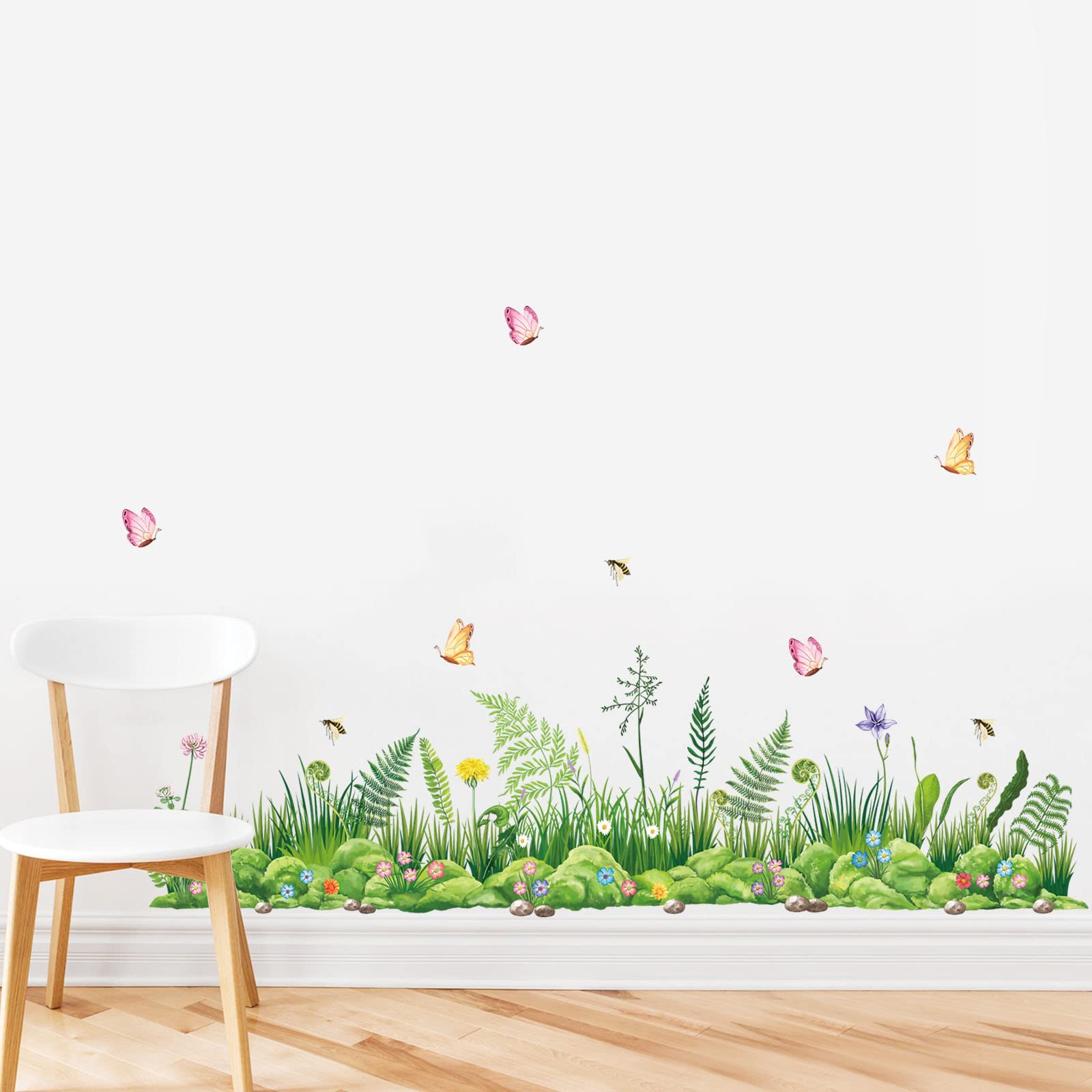 decalmile Green Grass Fern Baseboard Wall Stickers Meadow Flowers Butterflies Skirting Line Corner Wall Decals Bedroom Living Room Wall Decor (Width:141CM)