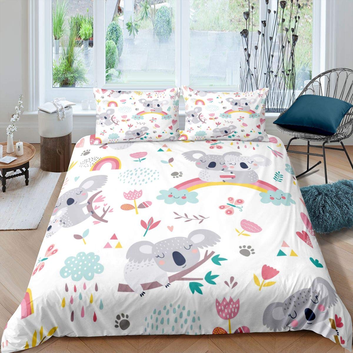 Kids Cute Koala Bedding Set Cartoon Animal Rainbow Duvet Cover Set for Kids Boys Girls Floral Flowers Comforter Cover Toddler Colorful Lovely Quilt Cover Bedroom 3Pcs Double Size