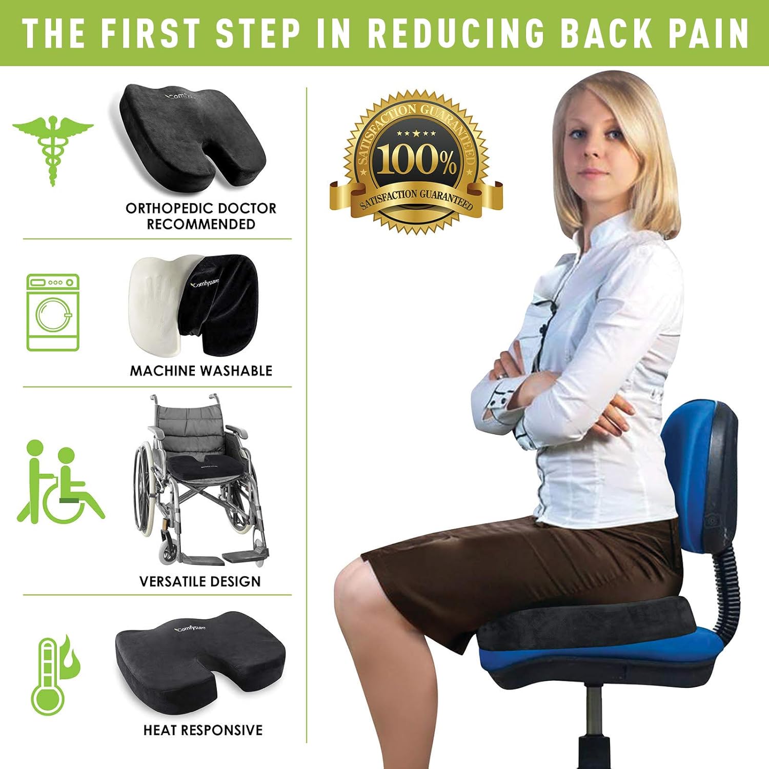 ComfySure Memory Foam Seat Cushion with Removable Microfiber Cover - Coccyx, Tailbone, Sciatica, Lower Back Support and Pain Relief - Fits Most Office, Desk, Computer Chairs and Car Seats: Home & Kitchen