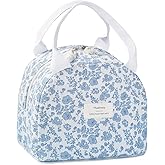 Hualinsyi Cute lunch bag,Lunch Box for Women,Blue floral lunch box,large Reusable Insulated Large Capacity Cooler Bag for Adult Aesthetic flower Corduroy Lunch Tote for Work Office, Picnic or Travel