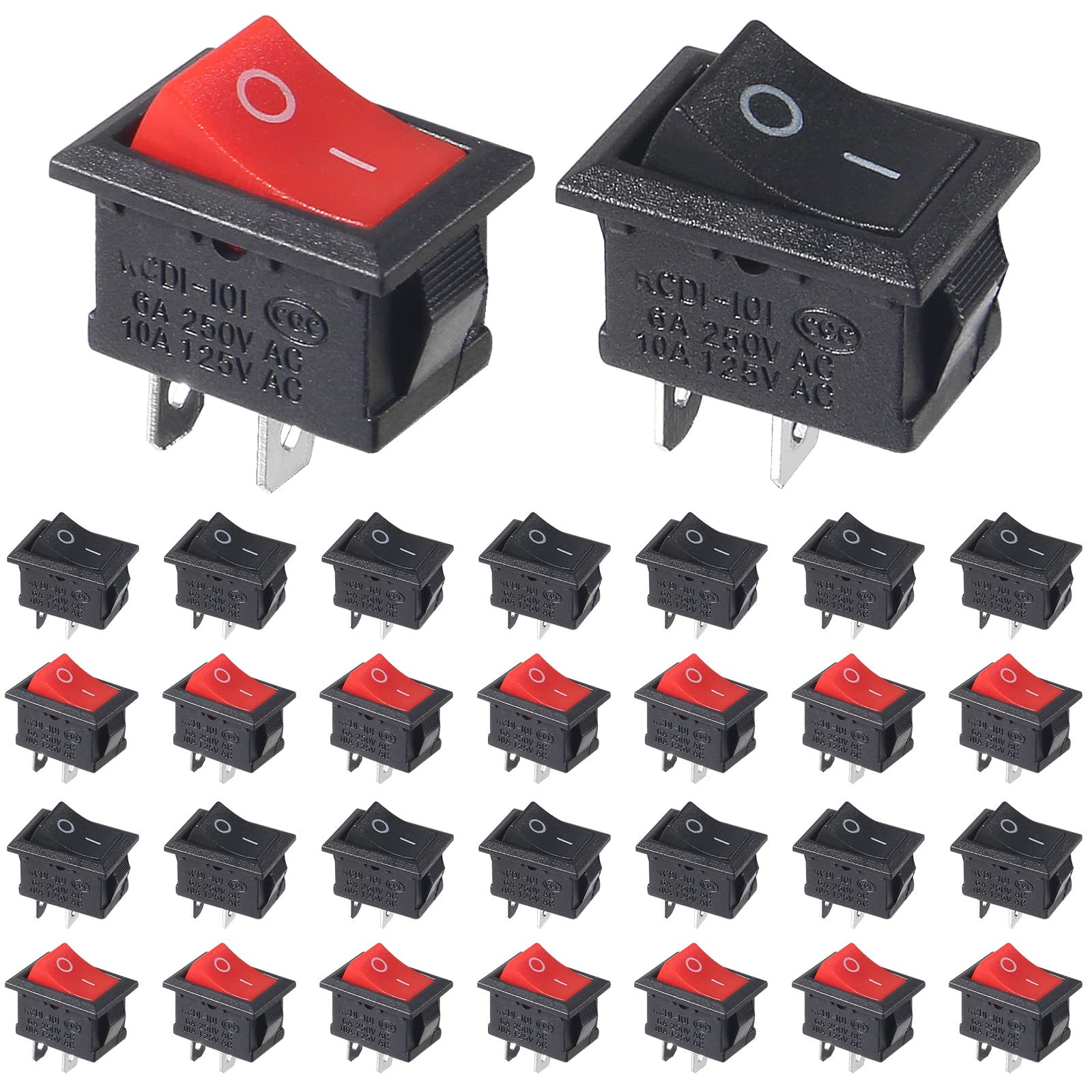 AOICRIE 30Pcs 12V Switch, Boat Rocker Switch AC 6A/250V 10A/125V 2 pin 2 Position On/Off Toggle Rocker Switch, rot/black (30 Pack)
