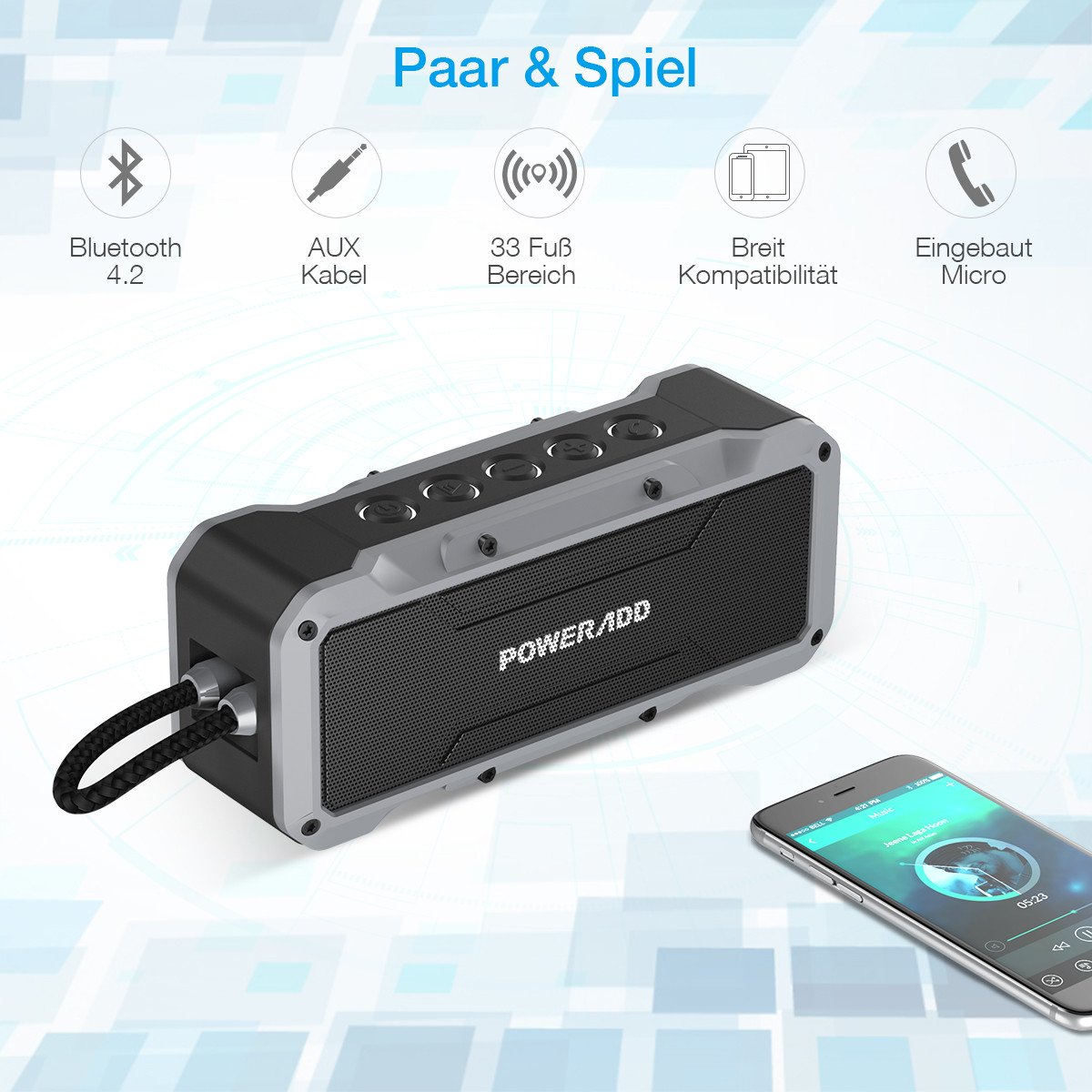 Poweradd Musicfly Bluetooth 4.2 Wasserdicht IPX7 Lautsprecher