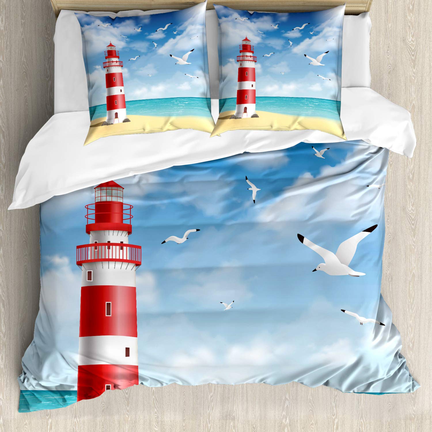 ABAKUHAUS Beach Duvet Cover Set, Realistic Illustration Lighthouse on Calm Seashore Flying Seagulls Ocean Scenery, Bedding Set 3 Pieces with 2 Pillow Shams, 155 cm x 220 cm, Vermilion Blue — image 1