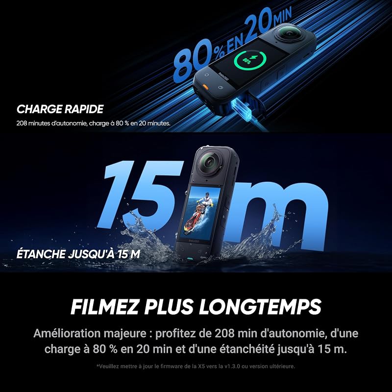 X5 Pack Standard - Caméra 360 8K, Perche à Selfie Invisible, qualité Premium Jour et Nuit, objectifs Robustes & remplaçables, Appareil Photo vidéo étanche, dashcam, pour vlog, Moto