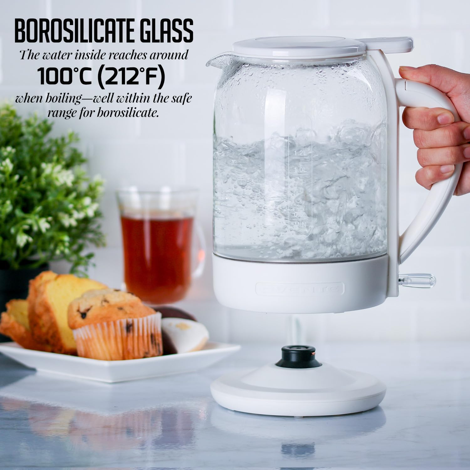 OVENTE Electric Kettle with 1.5L Borosilicate Glass, 1500W Fast Boiling Water Heater for Coffee or Tea, Easy to Fill Lid, Auto Shut-Off, Boil-Dry Protection & Stainless Steel Filter, White KG516W