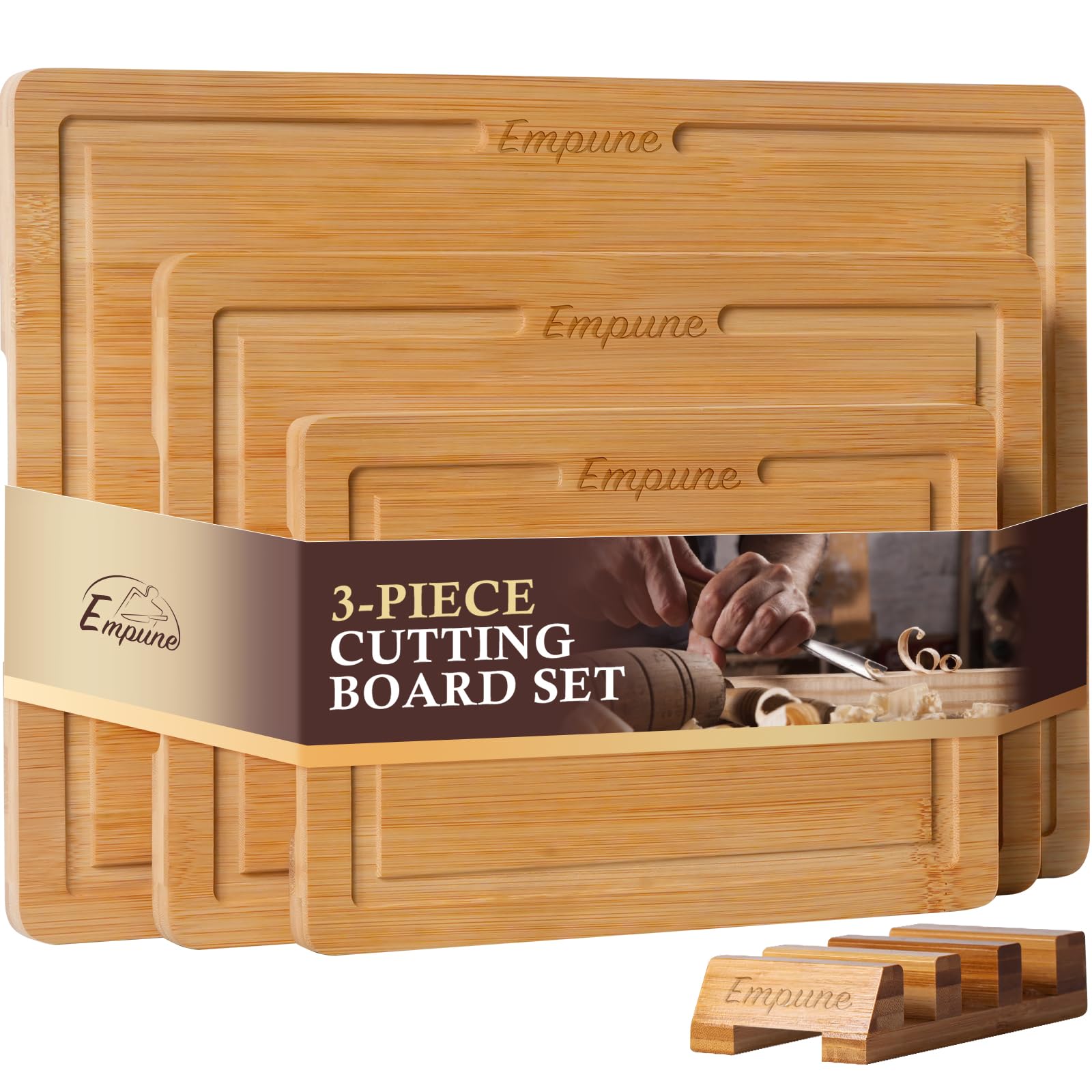 Photo 1 of Empune Bamboo Cutting Board Set, Wood Cutting Boards for Kitchen with Holder Wooden Chopping Board for Meal Prep & Serving, Natural Bamboo