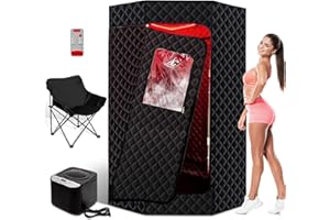 PEEKO Full Size Portable Personal Home Sauna, Pentagon Sauna Tent Sauna Box with 650nm Red Light Therapy, 3L Capacity 1200W Steamer, Pocketed Foldable Chair, Customized Sweat Mat with Remote Control