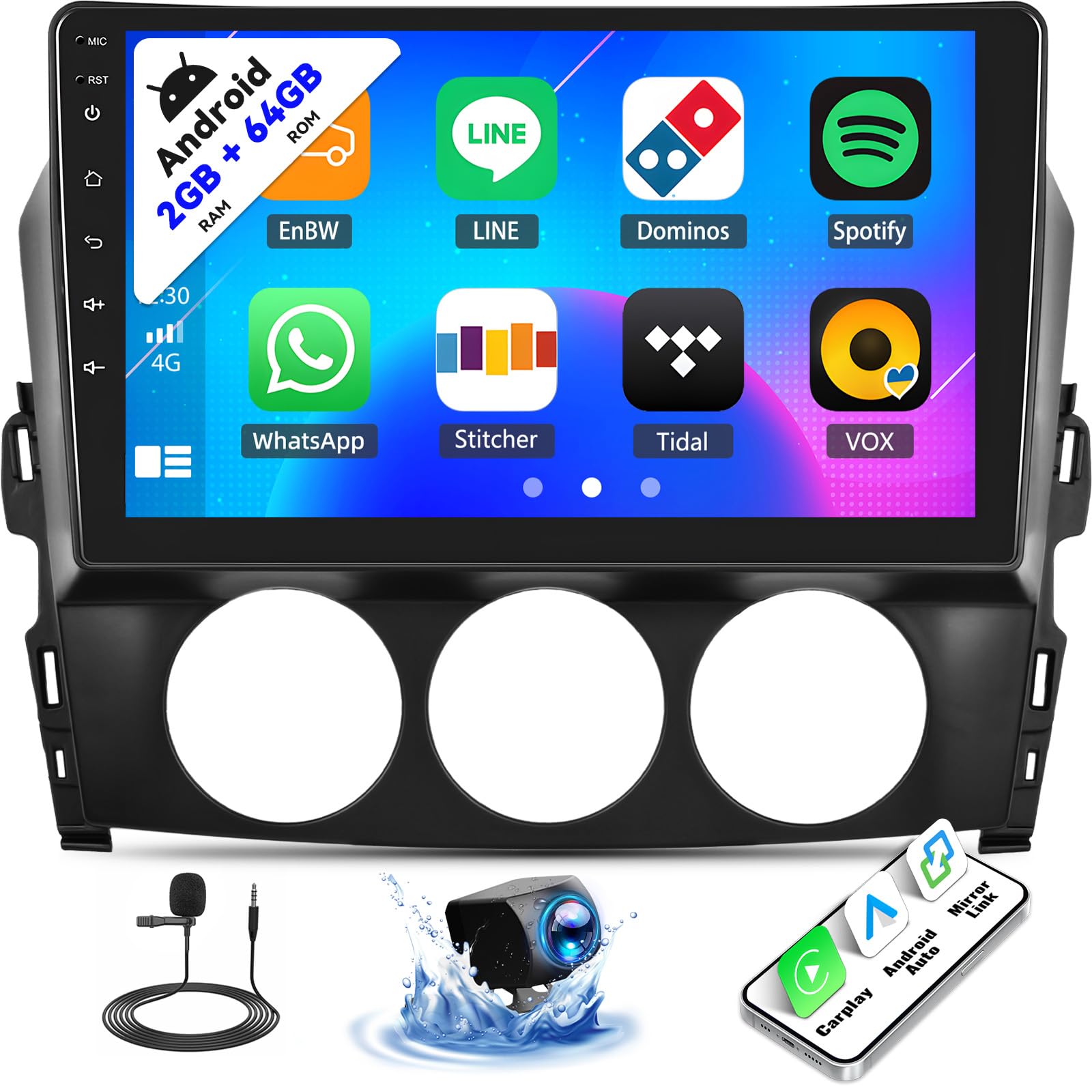 Photo 1 of SIXTOP [2+64G] Android Car Stereo for Mazda MX-5 2009-2015 Upgrade Replacement Radio Carplay Android Auto Mirror Link 30 Themes 9 inch Touchscreen FM GPS Bluetooth+AHD Camera&MIC