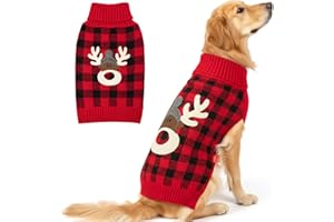 KYEESE Dog Christmas Sweater with Reindeer Pattern, Cozy Holiday Outfit, Red Buffalo Plaid Knitwear, Turtleneck Dog Sweater for Medium Dogs with Leash Hole, Soft Warm Pet Clothes, XX-Large