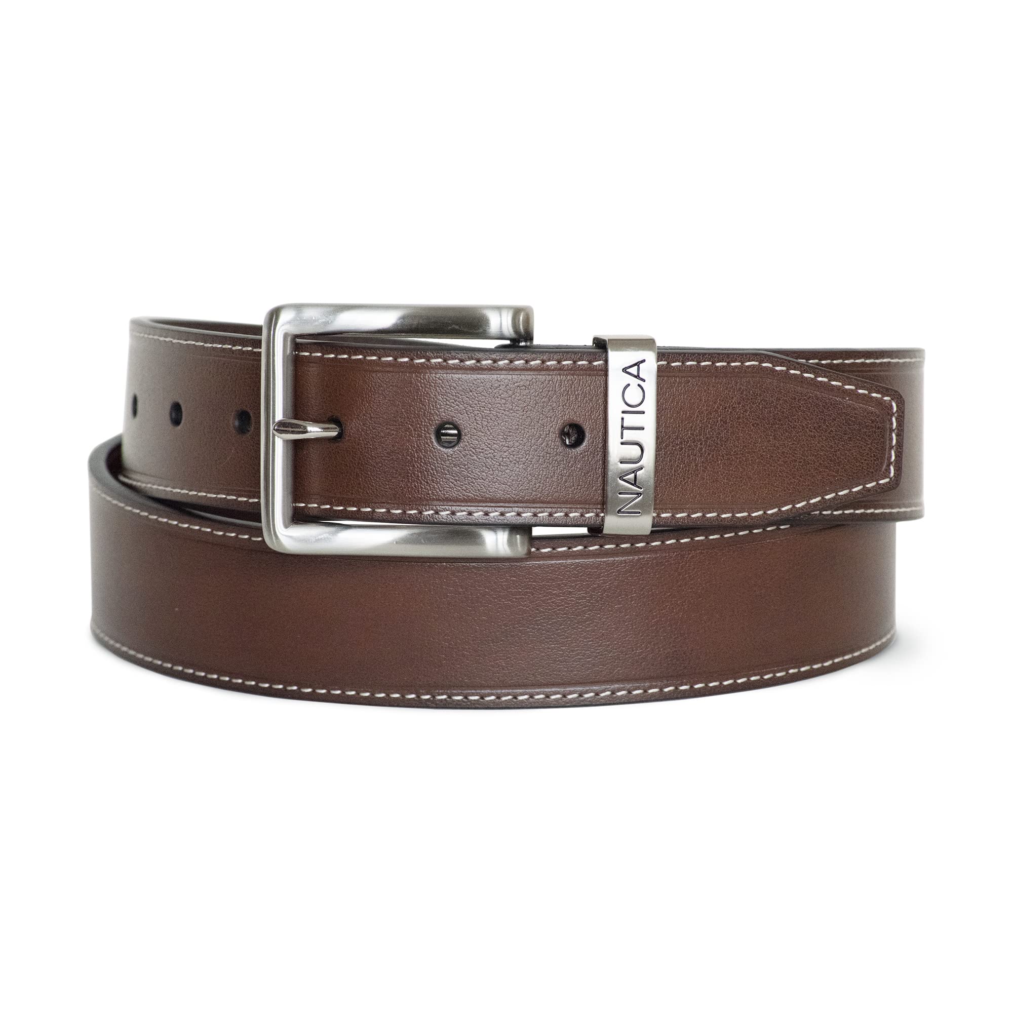 Nautica Mens Casual Engraved Logo Keeper Leather Belt | Everyday | Classic | Pants | Jeans | Khakis | Chinos | Metal Buckle – Brown, 36″