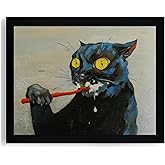 ICHZUMW Funny Black Cat Bathroom Wall Art Decor, Quirky Framed Canvas Print Painting of Cat Brushing Teeth, Humorous Animal Pictures Wall Decoration, Modern Home Artwork, Restroom Powder Room, 8x10in