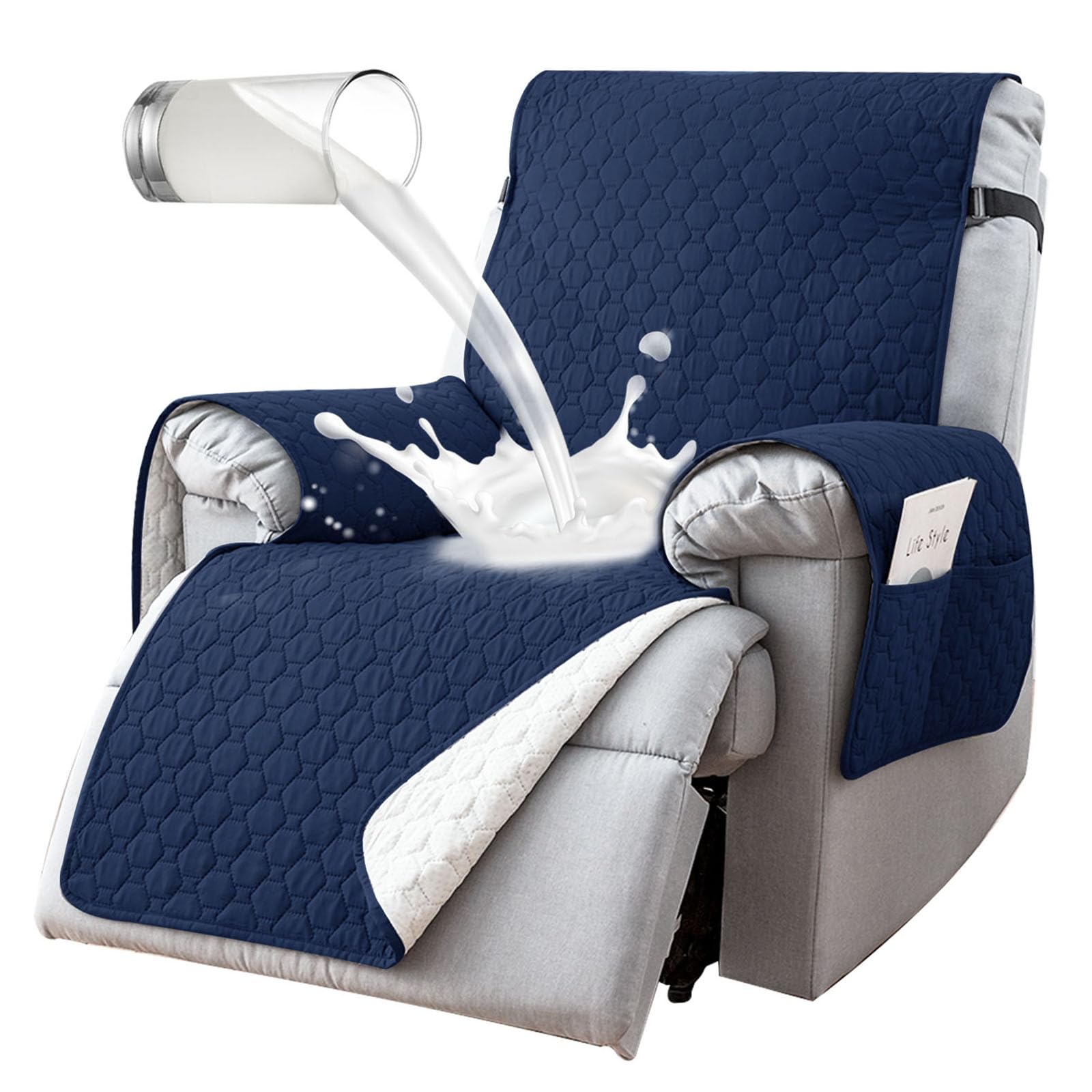 Photo 1 of 100% Waterproof Recliner Chair Covers That Stay in Place, Non-Slip Recliner Cover with 5 Pockets, Elastic Straps, Washable Reclining Chair Protector for Kids, Pets, Dogs, Dark Blue