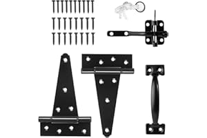 HILLMASTER Heavy Duty Gate Latch Door Handle Hardware Kit for Wooden Fence, Self-Closing Gate Latch with Pull String, Decorative Metal Gate Pull Handle, 2 Pack 6in T-Strap Gate Hinges, Black Finish