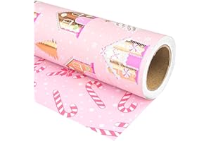 Dlyrroba Reversible Foil Christmas Wrapping Paper Roll - Pink House and Candy Canes Gift Wrap with Metallic Foil Shine Design