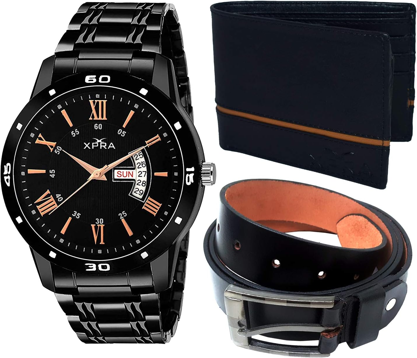 XPRA Day & Date Black Watch, Black Leather Belt & Black Leather Wallet for Men & Boys Combo Gift (Pack of 3) - (WL-3CMB-53)