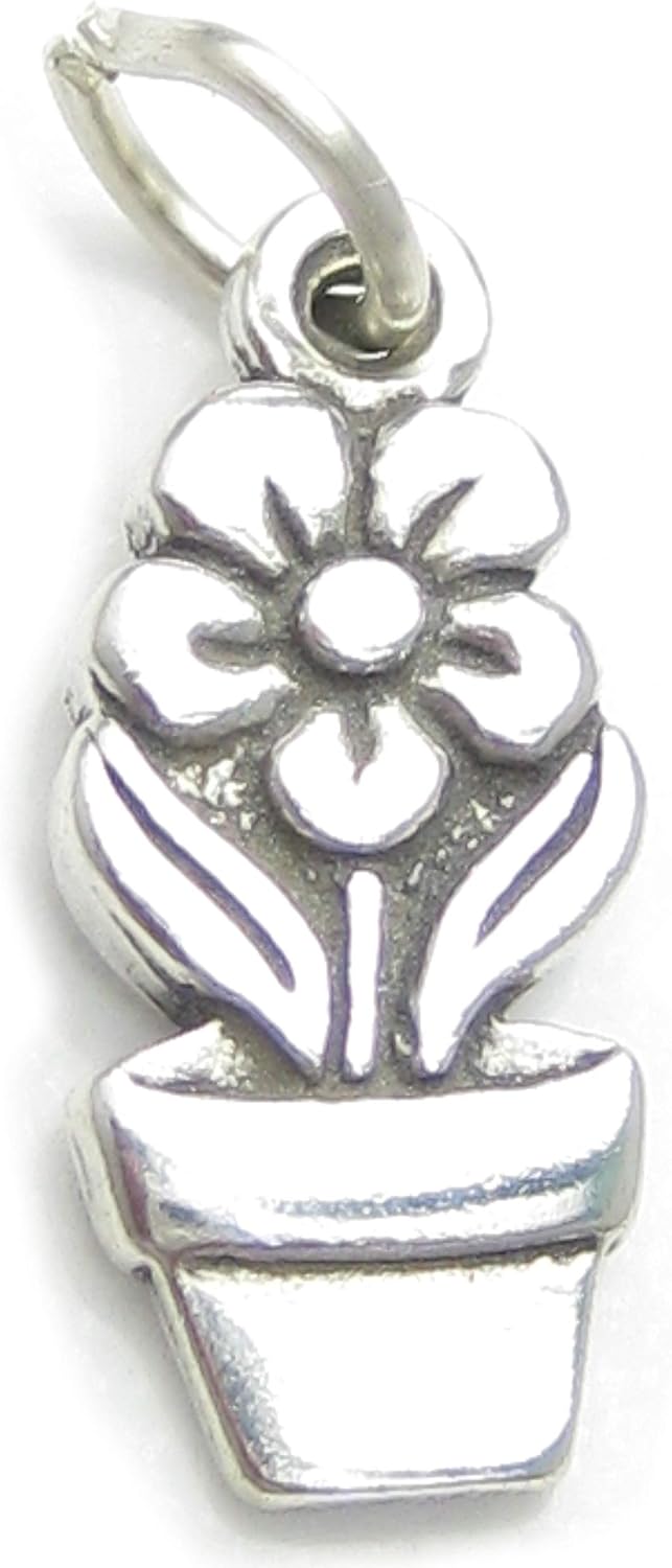 Flower In Pot 2D sterling silver charm .925 x1 Flowers Gardeners charms