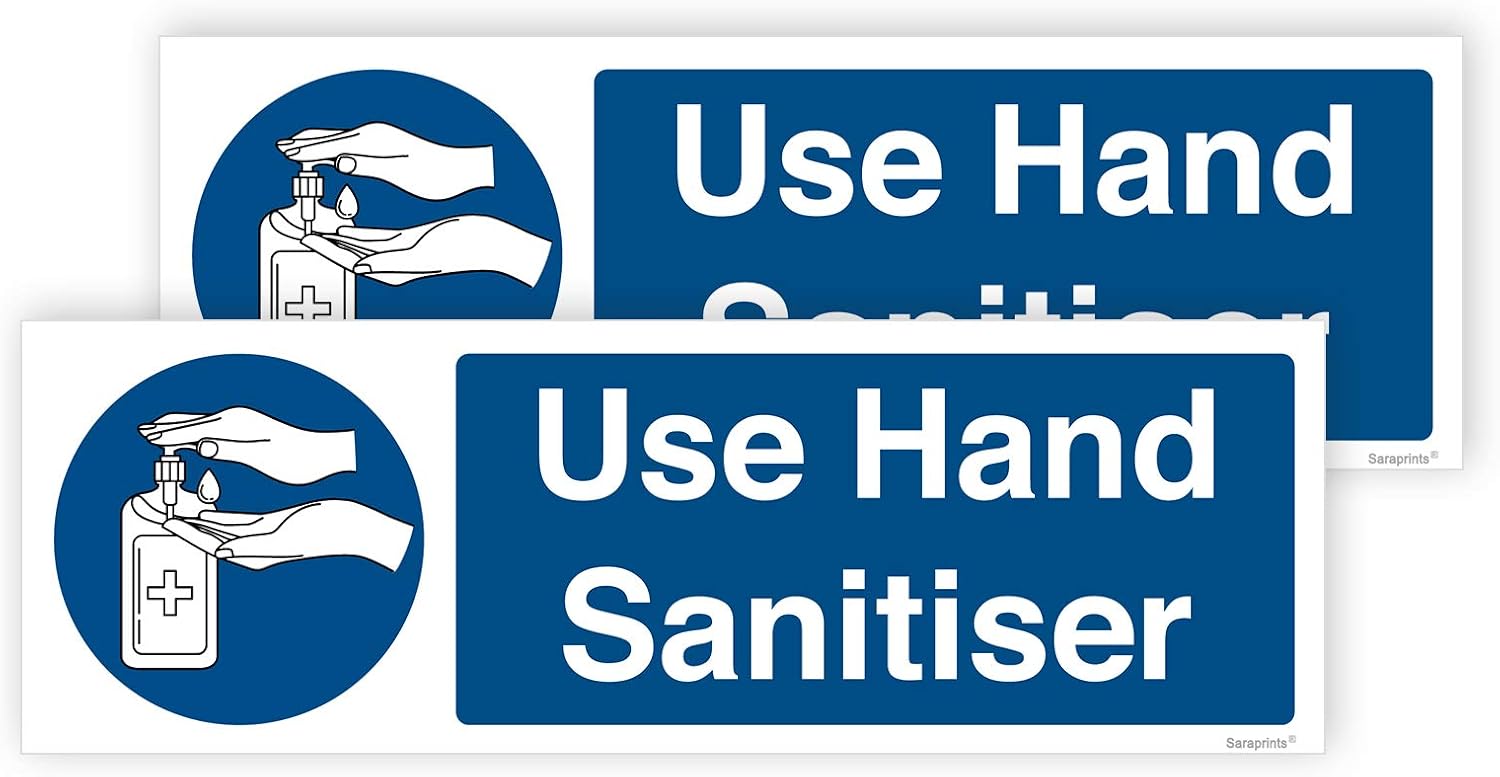 Pack of 2 Sanitise Hands Sign Landscape Self Adhesive Waterproof Stickers Sanitiser Sign 300mm x 100mm V1123