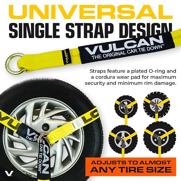 VULCAN CAR TIE DOWN WITH FLAT HOOKS – LASSO STYLE – 2 INCH X 96 INCH – 4 PACK – CLASSIC YELLOW – 3,300 POUND SAFE WORKING LOAD
