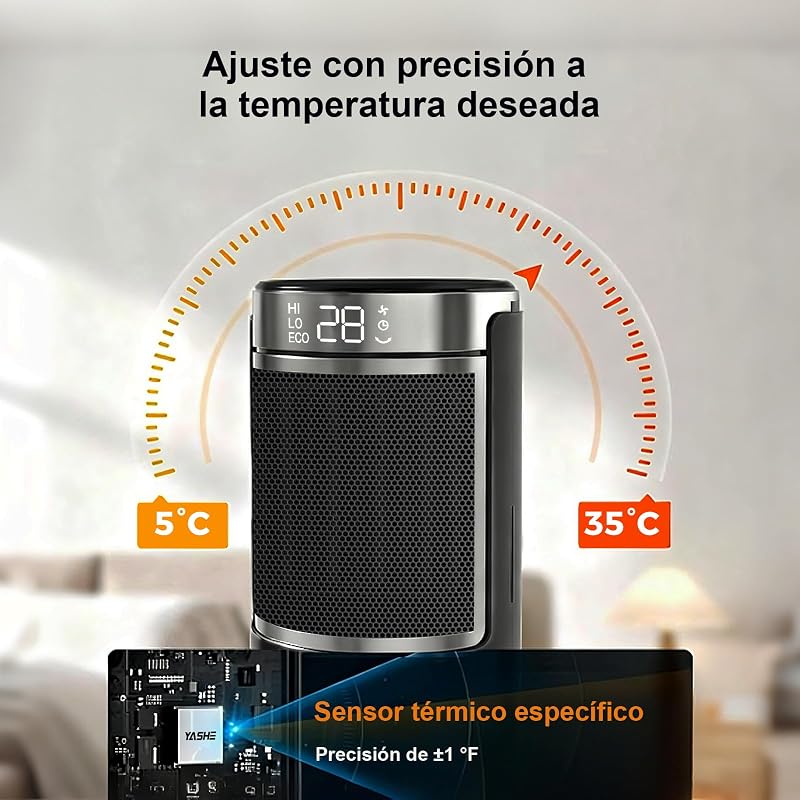 Calefactor Bajo Consumo PTC de 1500 W Con Ventilador y Ahorro de Energía, Control Remoto, Protección Contra, Oscilación de 70°, Sobrecalentamiento y Vuelco, Temporizador de 1 a 24 h