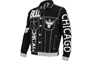 FISLL NBA Men's Chicago Bulls Black Moto Denim Jacket