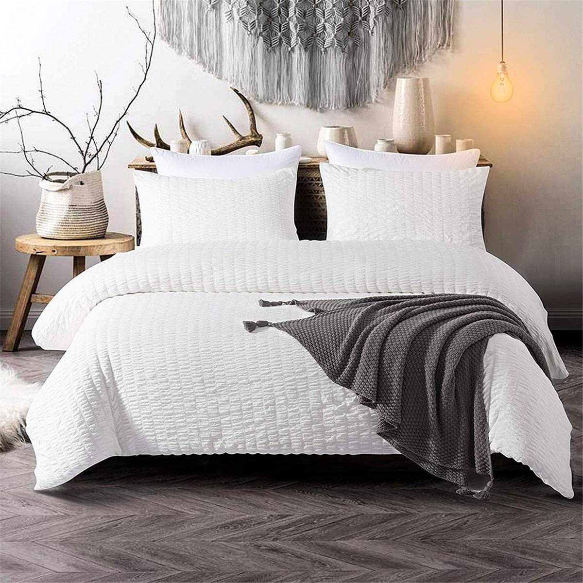 3 Pieces White Seersucker Duvet Cover Set Bedding Sets for Adults Soft Microfiber Duvet Cover Super King 220 x 260cm — image 1