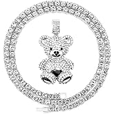 Mens Hip Hop Iced Out Chain Necklaces Silver Gold Monkey | Bear | Lion Pendant Chains Bling Rapper Jewelry (Silver Bear, Cuban Link Chain)