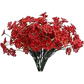 Lyrtrees 12 Bundles Red Artificial Flowers for Home Décor, No Fade Faux Flowers Fake Plastic Plants for Decoration Hanging Planters Indoor Outside Garden Porch Window Box