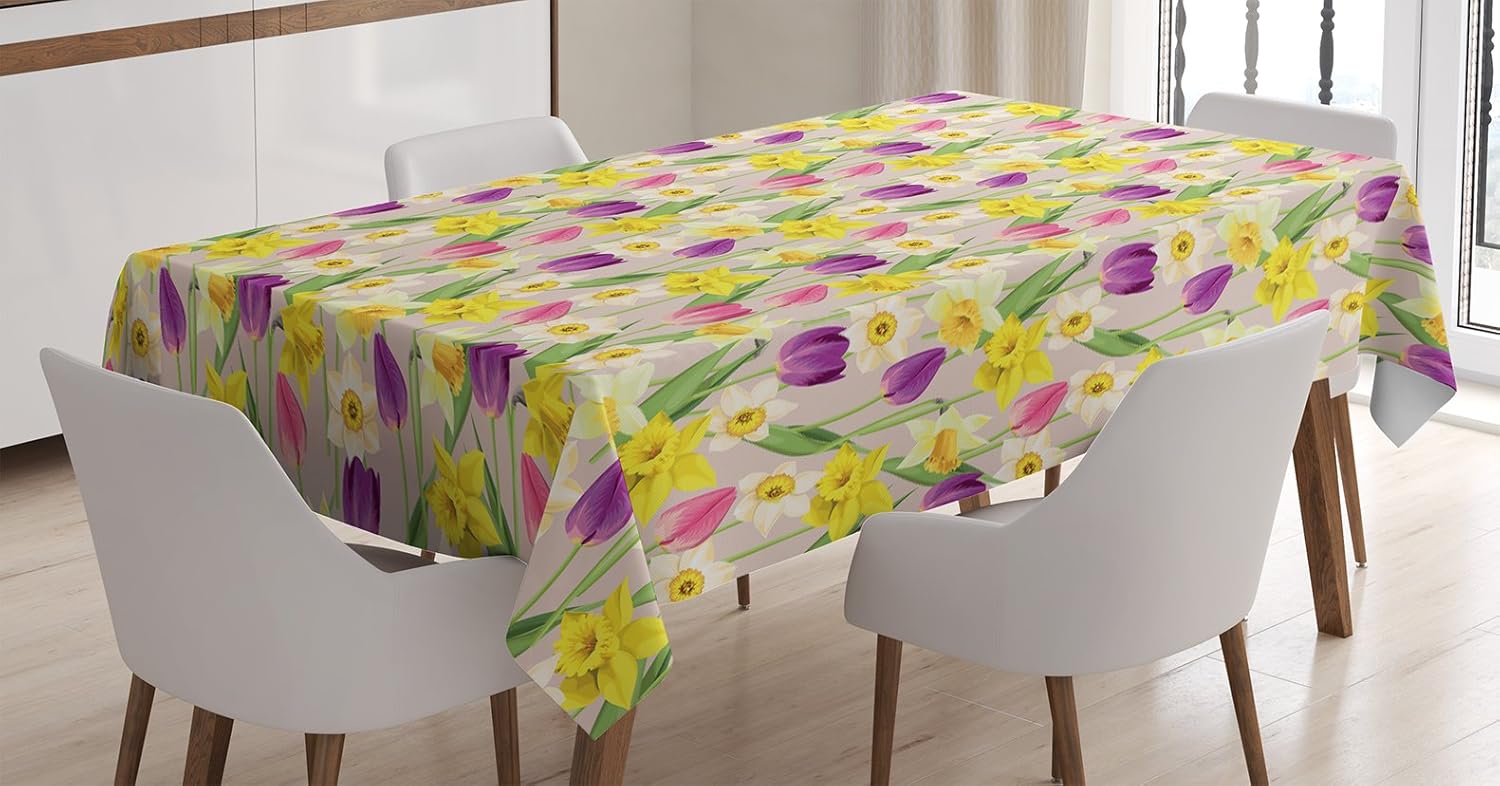 Amazon Com Ambesonne Daffodils Tablecloth Tulip And Daffodil Flowers Stems And Leaves Summertime Vintage Artwork Rectangular Table Cover For Dining Room Kitchen Decor 60 X 90 Purple Yellow Green Home Kitchen