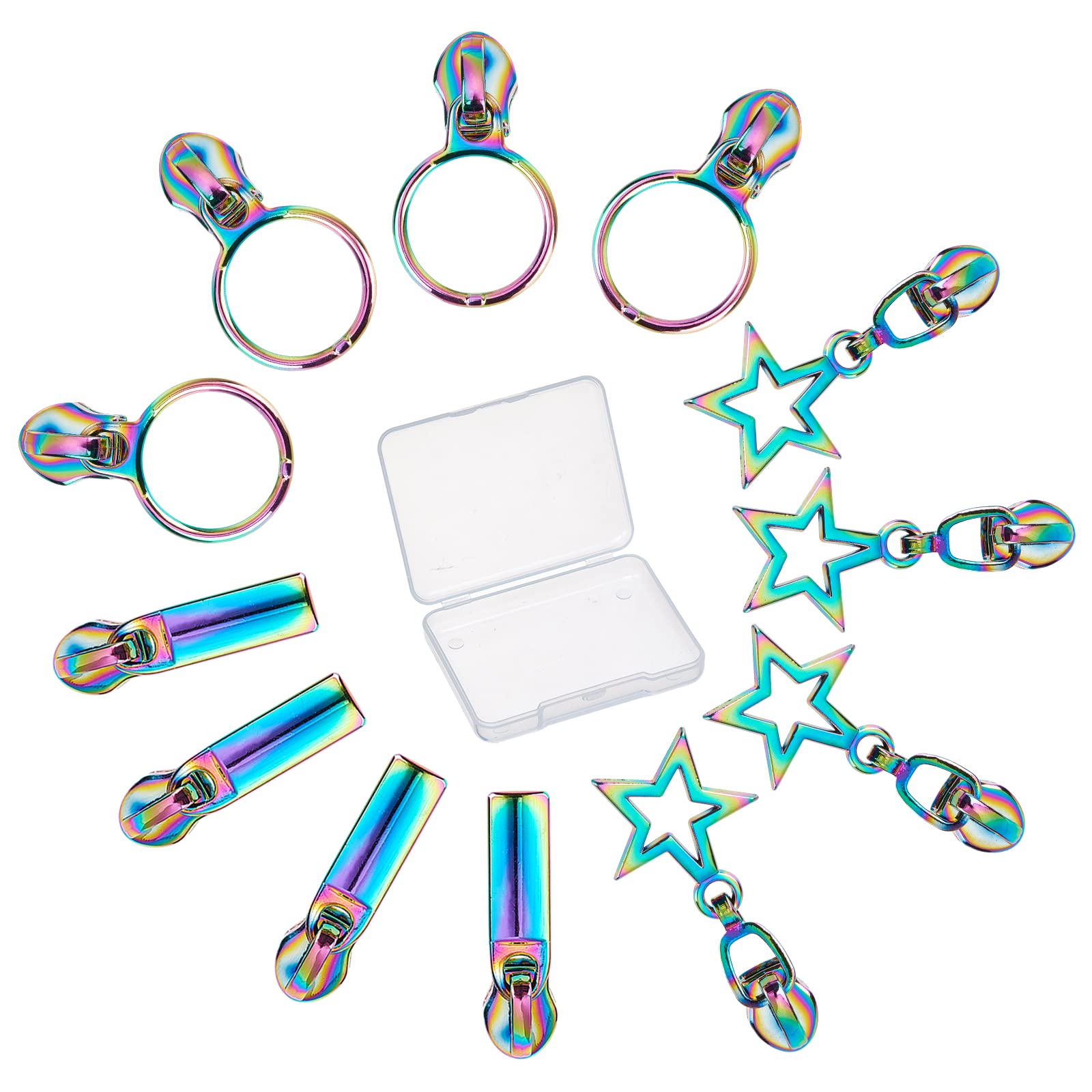 GORGECRAFT 1 Box 12PCS Rainbow Zipper Pulls #3#5 Sliders Auto Lock Zipper Pull Colorful Star Round Rectangle Metal Replacement Repair Kit Bulk Teeth Head for DIY Sewing Craft Bags Clothing