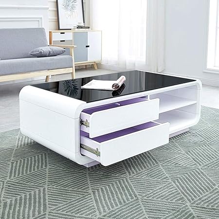 Ofcasa White High Gloss Coffee Table With Storage Modern Rectangle Glass Table With 2 Drawers And 2 Shelves Living Room Table Home Office Furniture 120 60 39cm Amazon Co Uk Kitchen Home