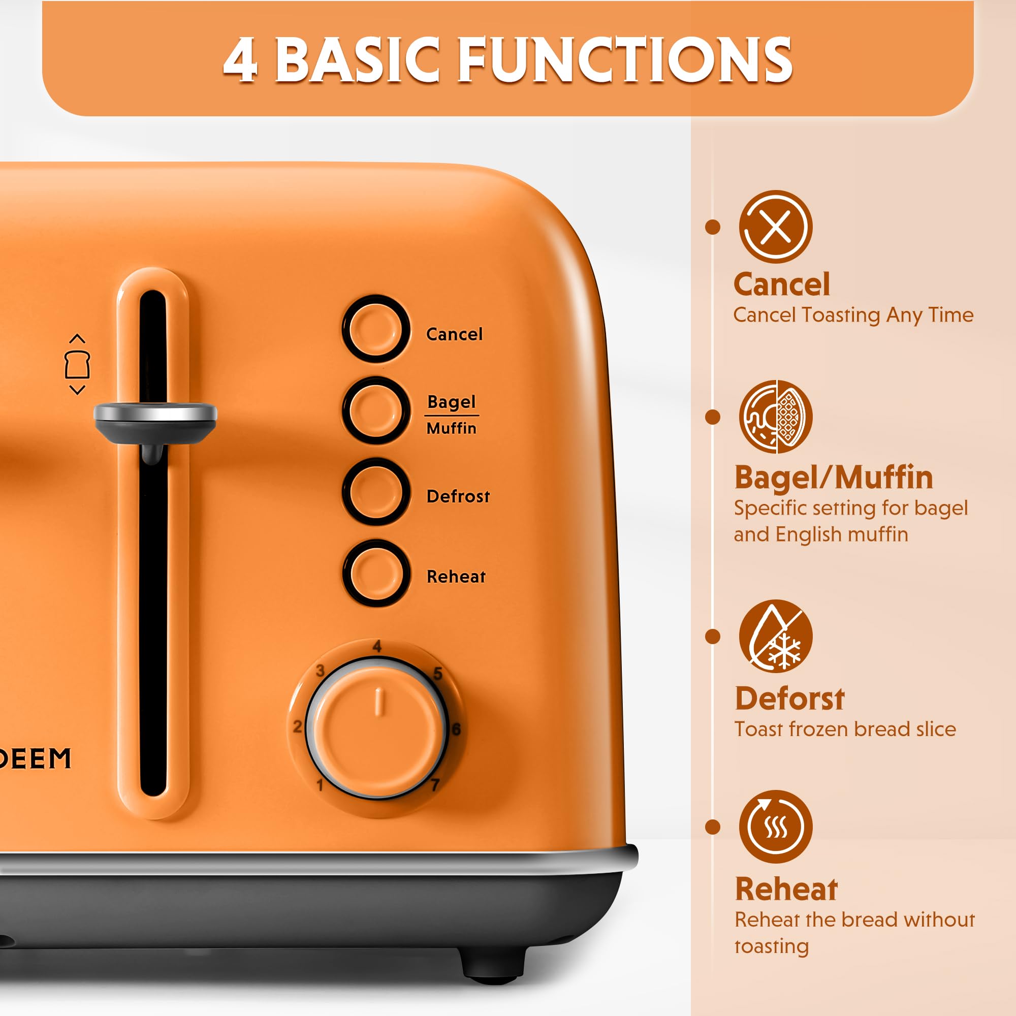 BUYDEEM DT640 Tostadora de 4 rebanadas, ranuras extra anchas, acero inoxidable retro con palanca de elevación alta, función de bagel y muffin, bandeja para migas extraíble, 7 ajustes de sombra, naranja