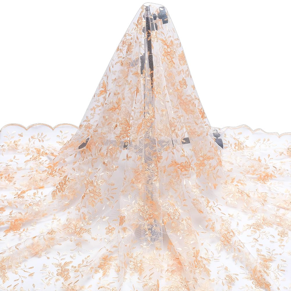 NBEADS 2 Yards Embroidered Flower Fabric, 51inch Polyester Mesh Embroidered Lace Trim Embroidery Tulle Fabric Garment Accessories for Dress Table DIY Crafts Curtain Home Vintage Decor, PeachPuff