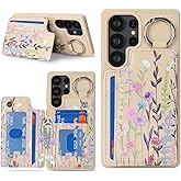 Havaya for Samsung Galaxy S25 Ultra Case Wallet with Card Holder Keychain Ring Stand PU Leather Phone case Floral Flower with Credit Card Slots Women Men-Beige Flower 2