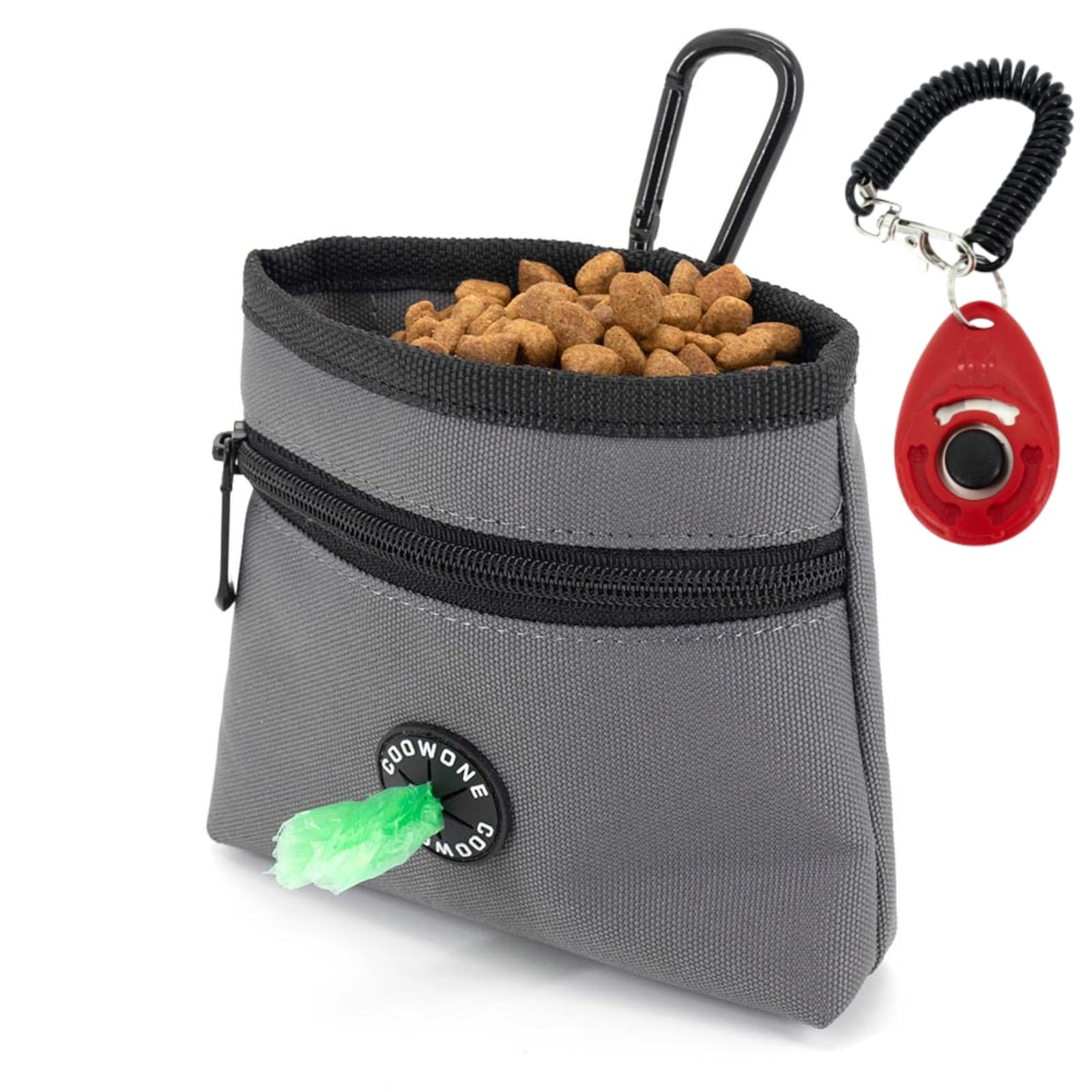 Dog Treat Pouch with Pet Training Clicker, Detachable Dog Puppy Training Treat Bag, 900D Oxford Cloth Magnetic Closure Small Dog Walking Bag for Travel or Outdoor Use (Grey)